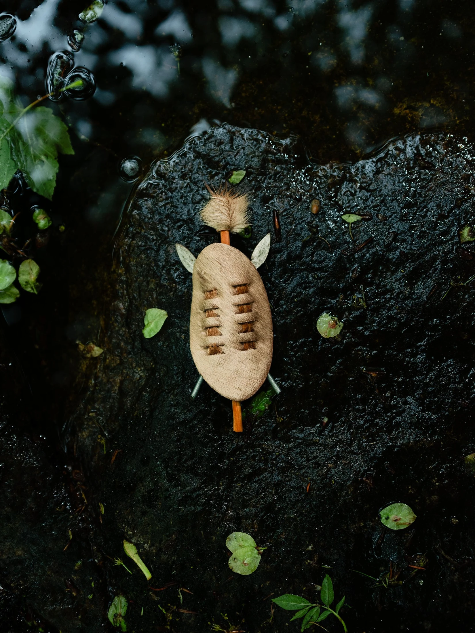 A small shield-shaped object with crossed miniature spears and a tuft rests on wet rock beside leaves