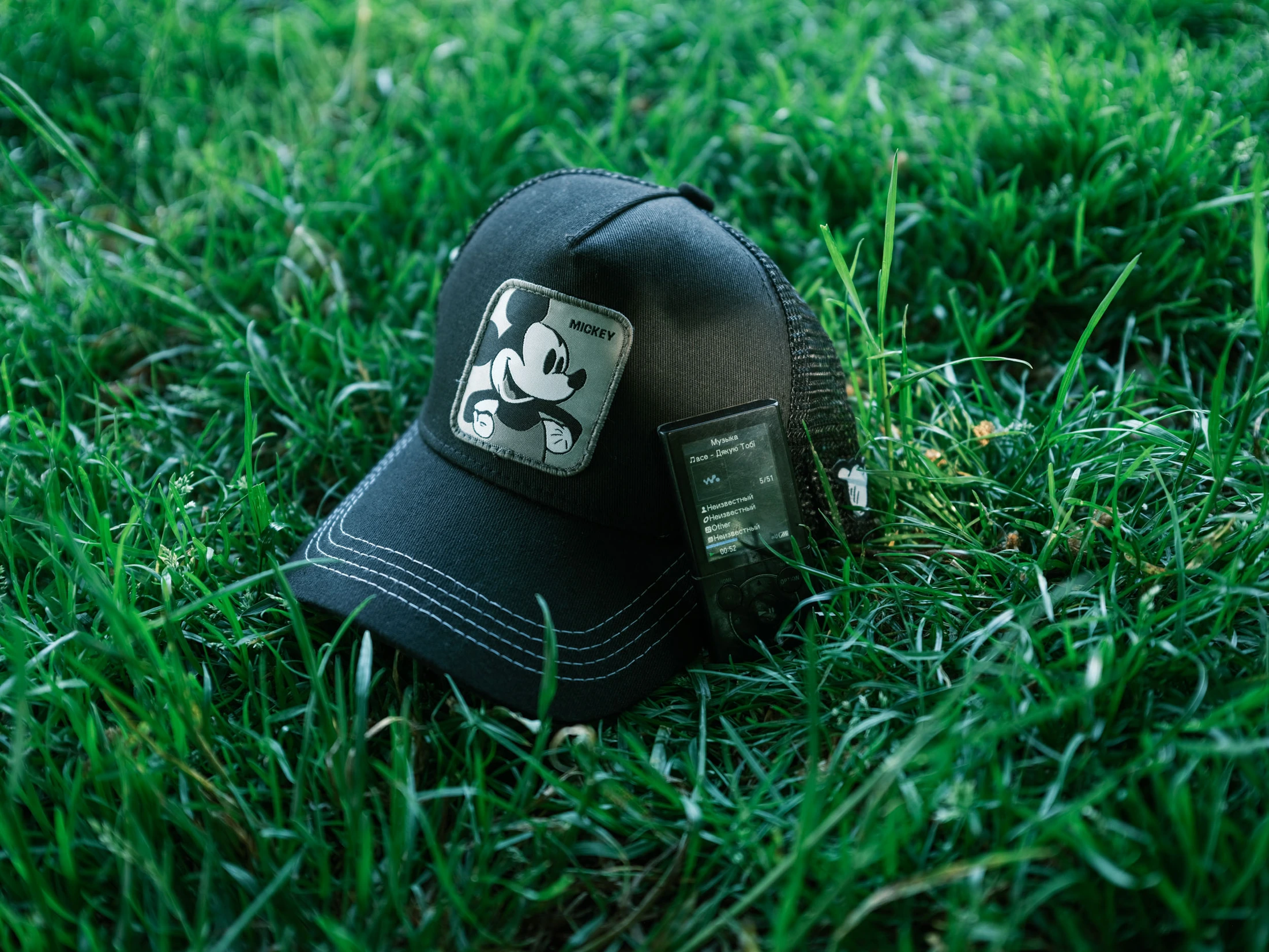 A black cap resting in green grass