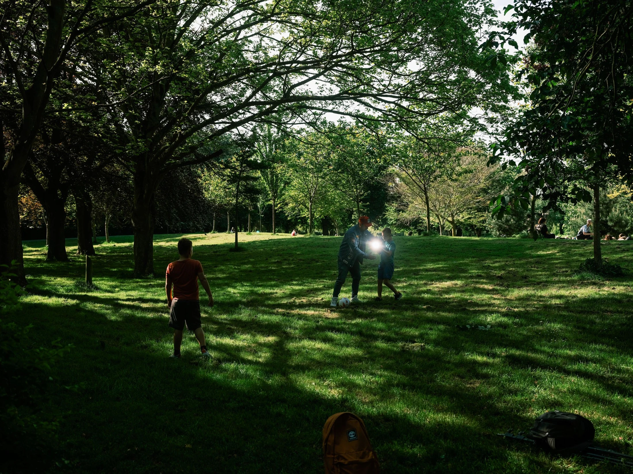 Figures among trees in a sunlit park, from the Mykhailo Hryhoriv series